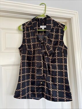 Tahari Black and Gold Sleeveless Tie-Neck Blouse